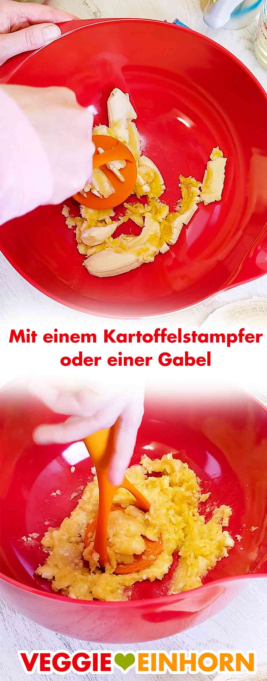 Die Bananen nicht zu fein zerdrücken. Zerstampfte Bananen für Bananenbrot