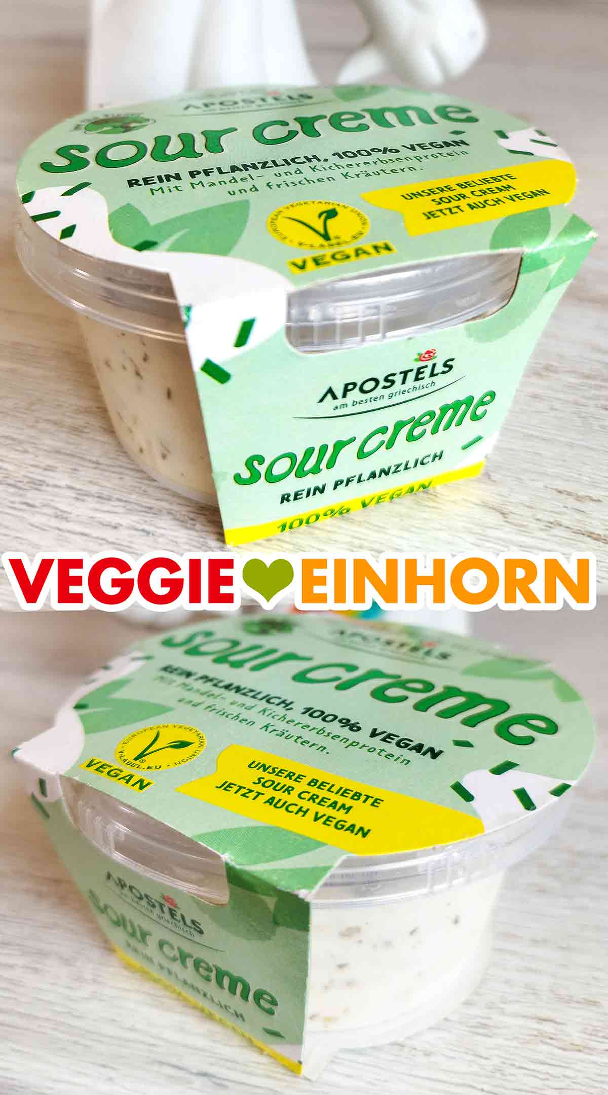 Apostels Sour Creme. Rein pflanzlich, 100 % vegan. Mit Mandel- und Kichererbsenprotein und frischen Kräutern. Becher mit veganer Sour Creme von Apostels
