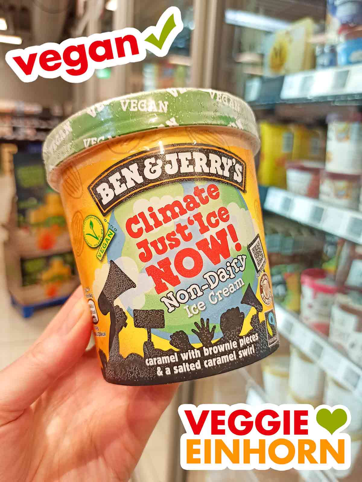 Das Climate Just'Ice Now ist eine vegane non-dairy Eiscreme von Ben & Jerry's. Ein Becher Climate Just'Ice Now von Ben and Jerry's im Supermarkt