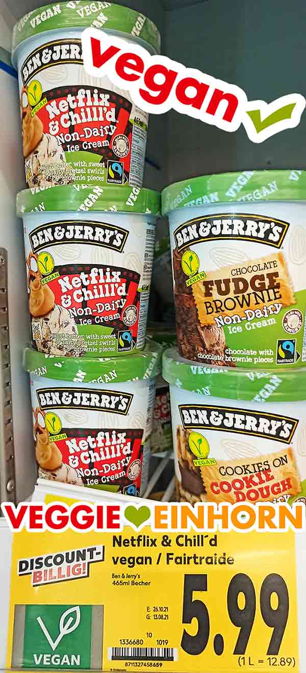 Vegane Eissorten von Ben & Jerry's im Kaufland Becher mit veganer Eiscreme von Ben & Jerry's im Tiefkühlschrank im Supermarkt