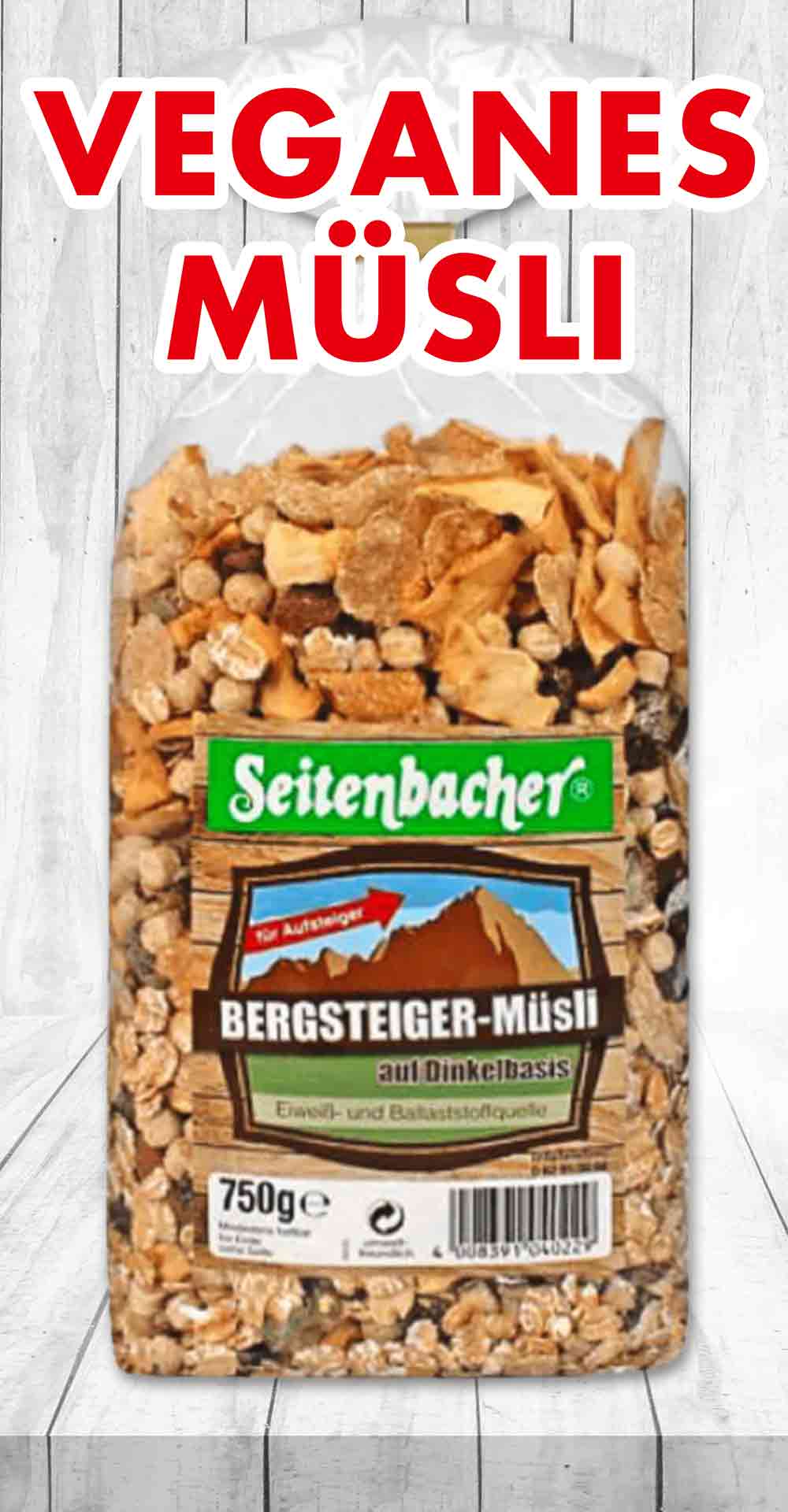 Das Seitenbacher Bergsteiger Müsli ist vegan. Seitenbacher Bergsteiger Müsli auf Dinkelbasis