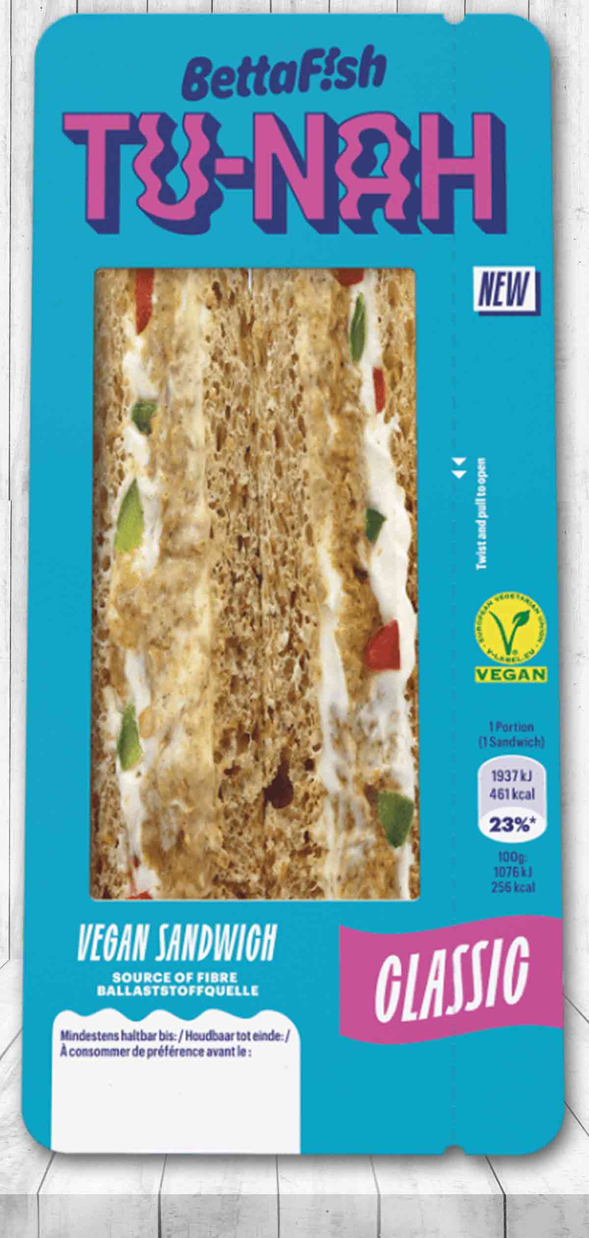 Auf dem Thunfisch Sandwich von BettaFish ist ein Vegan Logo. Veganes Tu-Nah Sandwich Classic von BettaF!sh