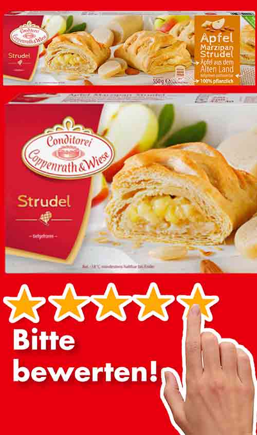 Bitte bewerte den veganen Apfel-Marzipan-Strudel von Coppenrath & Wiese. Bewertungen Veganer Apfel Marzipan Strudel von Coppenrath und Wiese