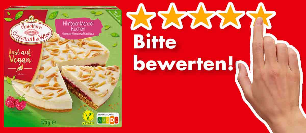 Bitte bewerte den veganen Himbeer Cheesecake aus der Conditorei Coppenrath und Wiese. Bewertungen Coppenrath und Wiese Veganer Himbeer Mandel Kuchen