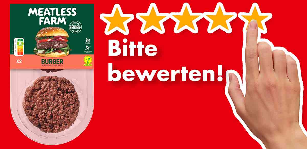 Bitte bewerte die veganen Burger von Meatless Farm. Bewertungen Meatless Farm Burger