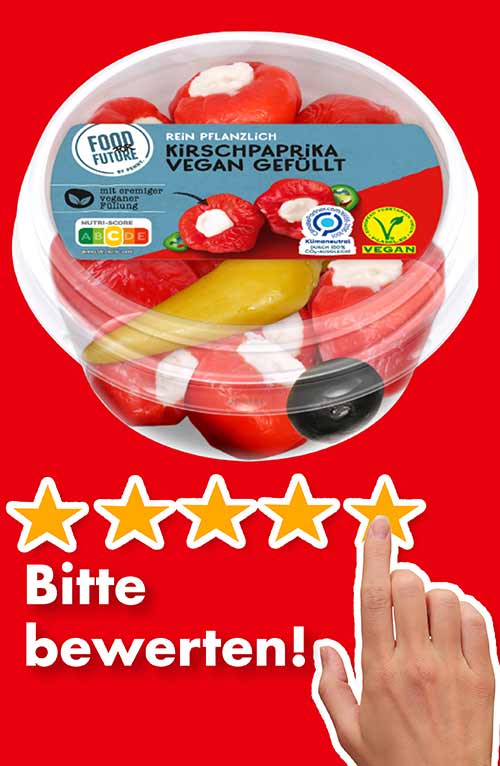 Bitte bewerte die vegan gefüllten Kirschpaprika von Penny Food For Future. Bewertungen Kirschpaprika vegan gefüllt von Penny