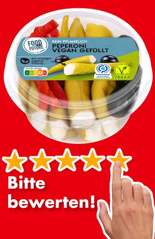 Bitte bewerte die vegan gefüllten Peperoni von Food for Future. Bewertungen vegane Antipasti von Penny