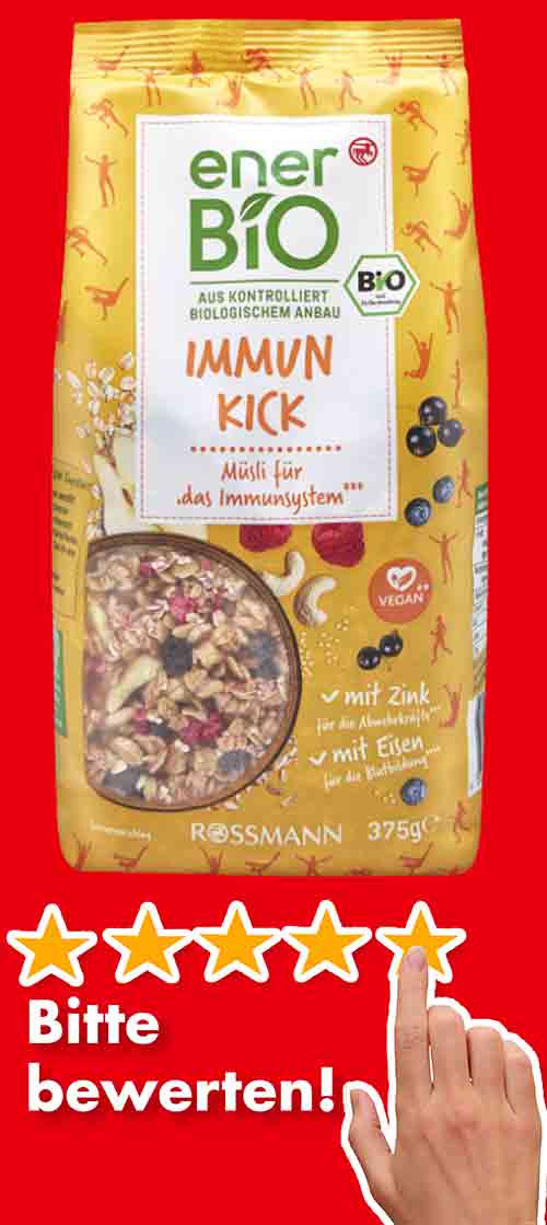 Bitte bewerte das vegane Immun Kick Müsli von Rossmann enerBIO. Bewertungen Rossmann enerBIO Immun Kick Müsli