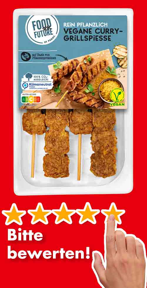 Bitte bewerte die veganen Curry Grillspieße von Penny. Bewertungen Penny Food for Future Vegane Currygrillspieße