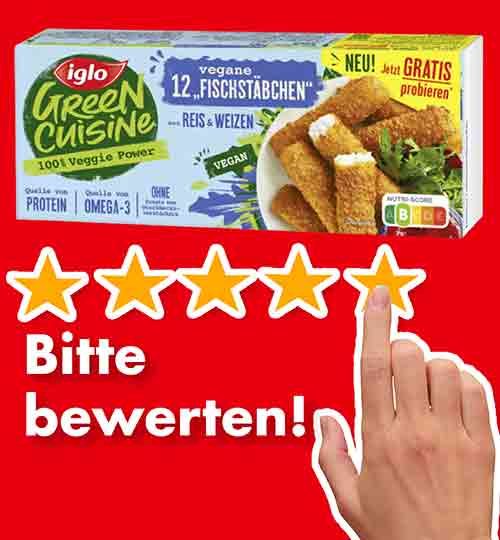 Bitte bewerte die veganen Fischstäbchen von Iglo. Bewertungen Iglo Vegane Fischstäbchen