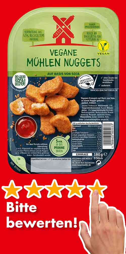 Bitte bewerte die veganen Mühlen Nuggets von Rügenwalder. Bewertungen Vegane Mühlen Nuggets