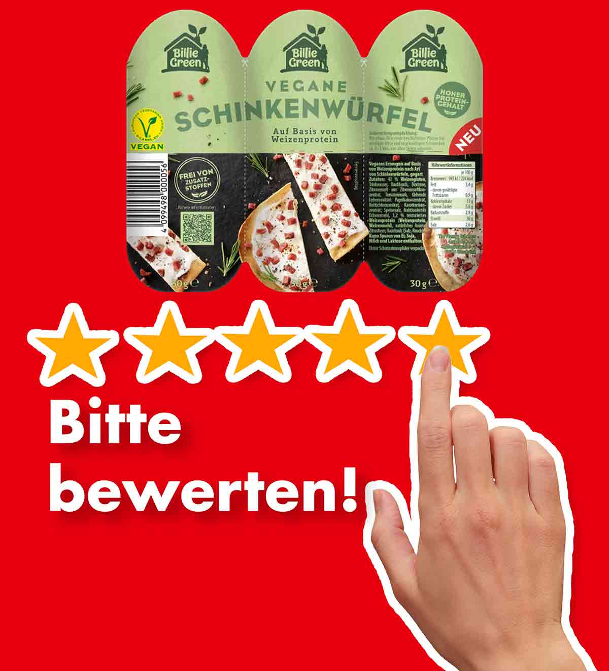 Bitte bewerte die veganen Schinkenwürfel von Billie Green. Bewertungen Vegane Schinkenwürfel von Billie Green