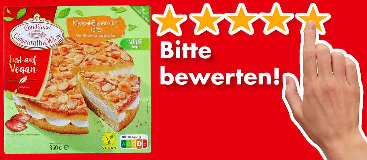 Bitte bewerte die vegane Mandel-Bienenstich-Torte von Coppenrath und Wiese. Bewertungen Vegane Mandel-Bienenstich-Torte von Coppenrath und Wiese