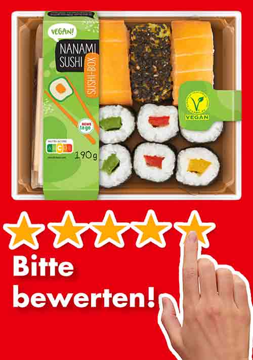Bitte bewerte die vegane Nanami Sushi Box von Rewe to go. Bewertungen Veganes Sushi von Rewe