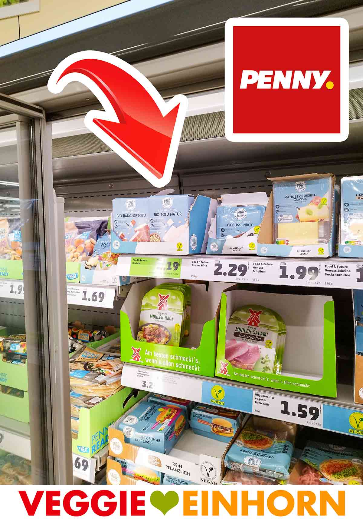 Bei Penny gibt es viele vegane Kühlprodukte, unter anderem Bio Natur Tofu von Food for Future. Naturtofu im Kühlregal bei Penny