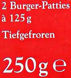 Die Packung enthält 2 Patties von jeweils 125 g. 2 Burger-Patties à 125 g Tiefgefroren 250 g