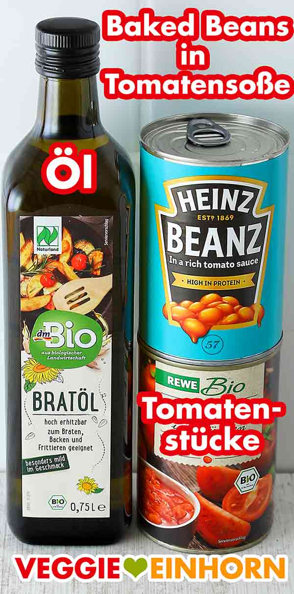 dm Bio Bratöl, Heinz Beanz, Rewe Bio Tomaten in Stücken Eine Flasche Öl, eine Dose Baked Beans, eine Dose Tomatenstücke