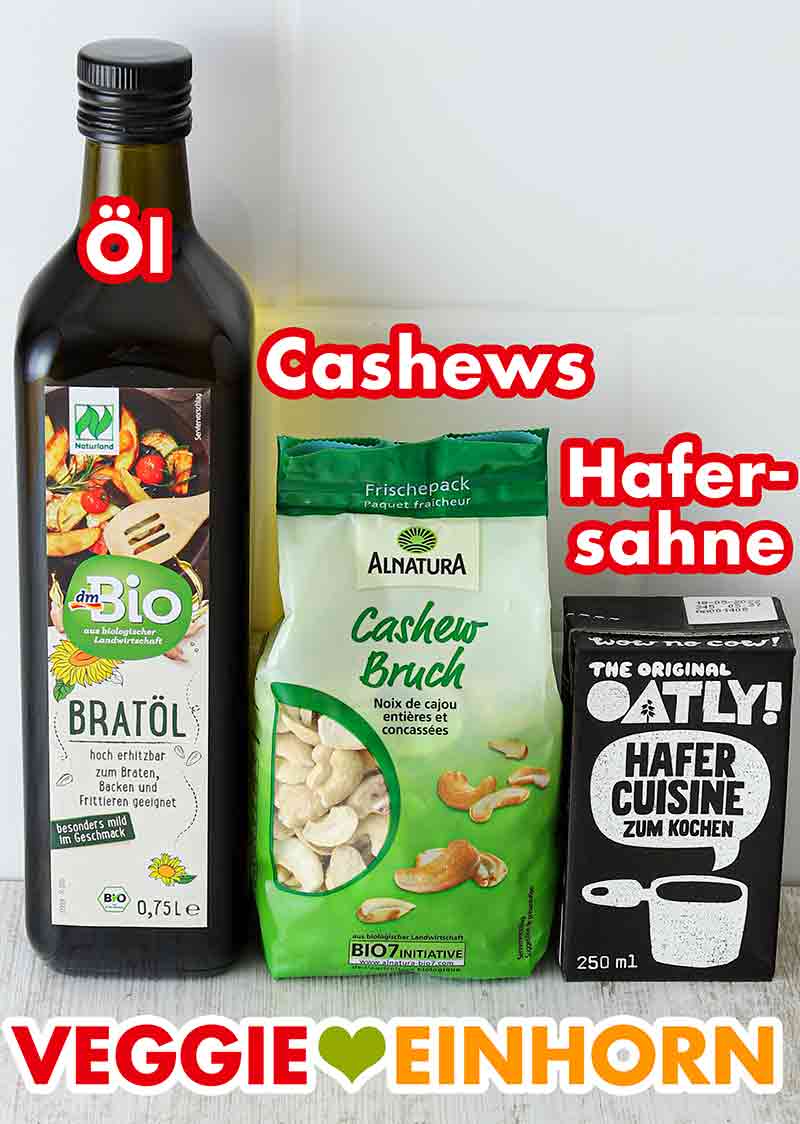 dm Bio Bratöl, Alnatura Cashewbruch, Hafer Cuisine zum Kochen von Oatly Öl, Cashewkerne, Hafersahne