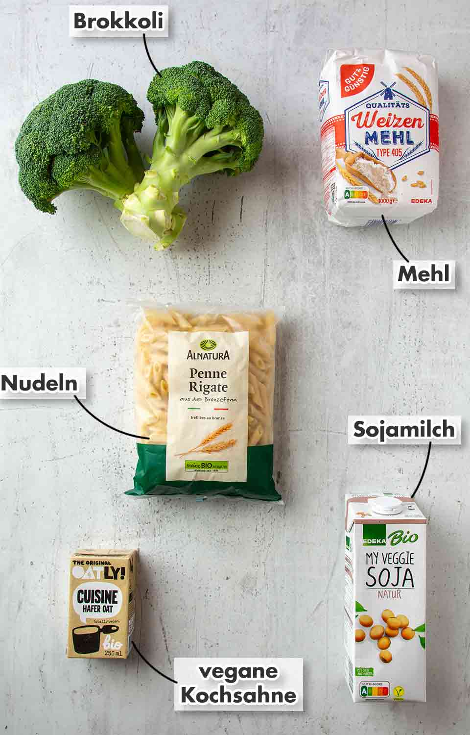 Brokkoli, Gut und Günstig Weizenmehl Type 405, Alnatura Penne Rigate, Oatly Hafersahne, Edeka Bio My Veggie Sojamilch Natur Brokkoli, Mehl, Nudeln, vegane Hafer Cuisine, vegane Milch