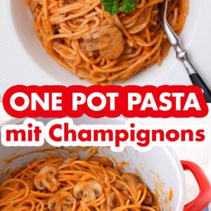Champignons One Pot Pasta auf einem Teller und in einem Topf