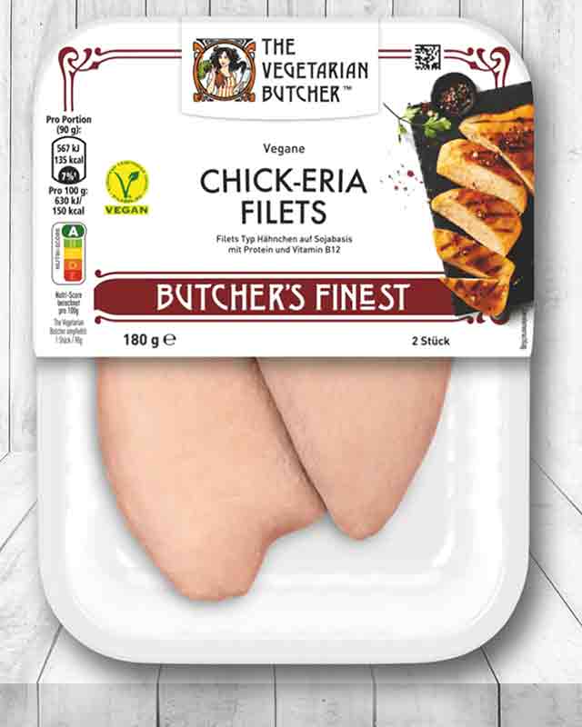 Eine Packung vegane Chick-eria Filets von The Vegetarian Butcher