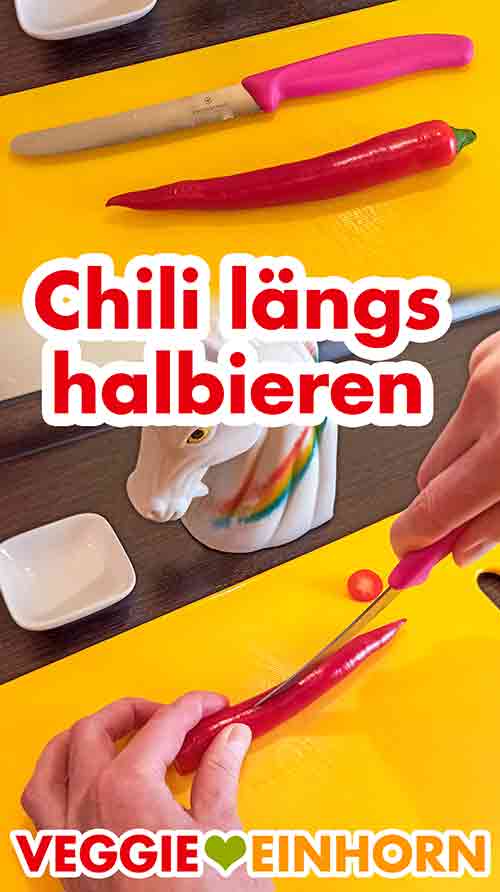 Die Chili der Länge nach durchschneiden. Eine frische rote Chilischote längs halbieren.
