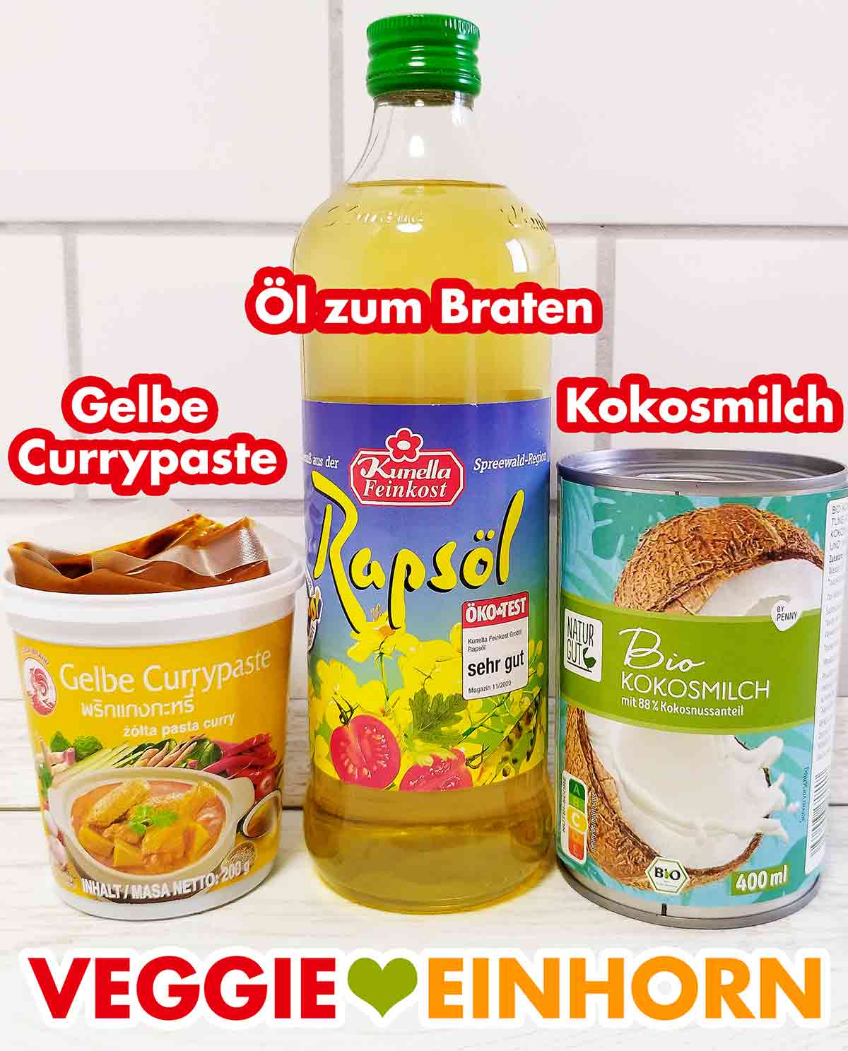 Cock Brand Gelbe Currypaste, Rapsöl zum Braten, Bio Kokosmilch von Penny Gelbe Currypaste von Cock Brand, Rapsöl von Kunella Feinkost und eine 400 ml Dose Kokosmilch von Naturgut