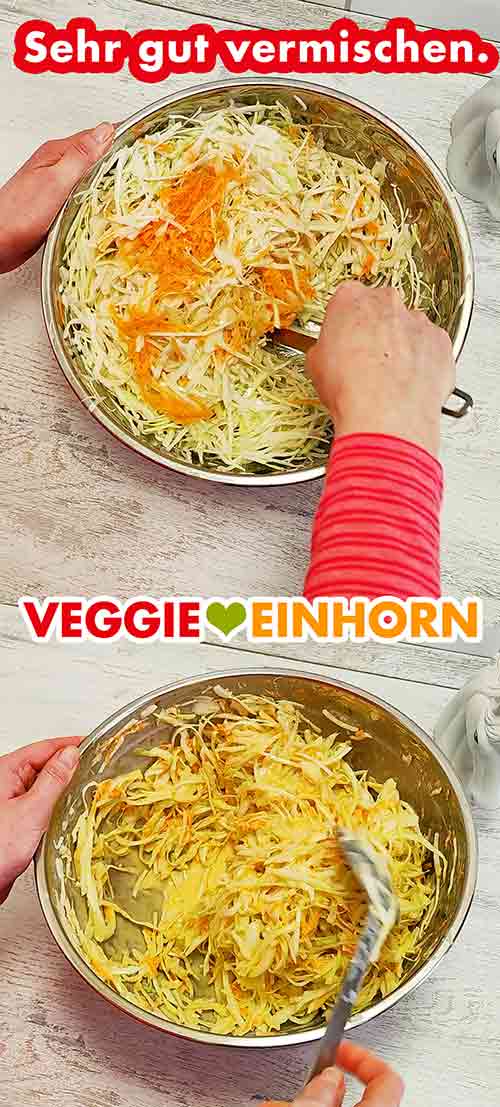 Mischen des Gemüses mit dem Dressing Der vegane KFC Coleslaw wird umgerührt