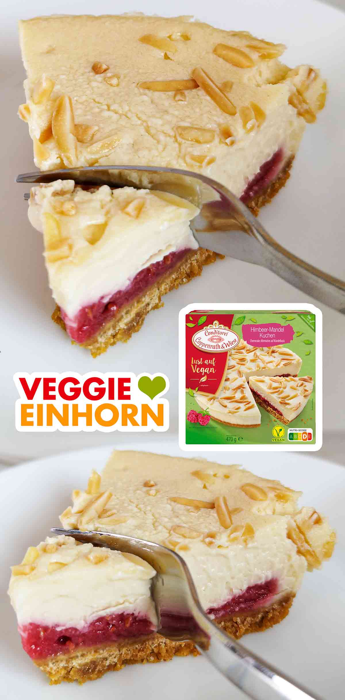 Ein Stück veganer Himbeer-Mandel-Kuchen mit einer Kuchengabel Veganer Himbeer Mandel Kuchen von Coppenrath und Wiese mit einer Kuchengabel