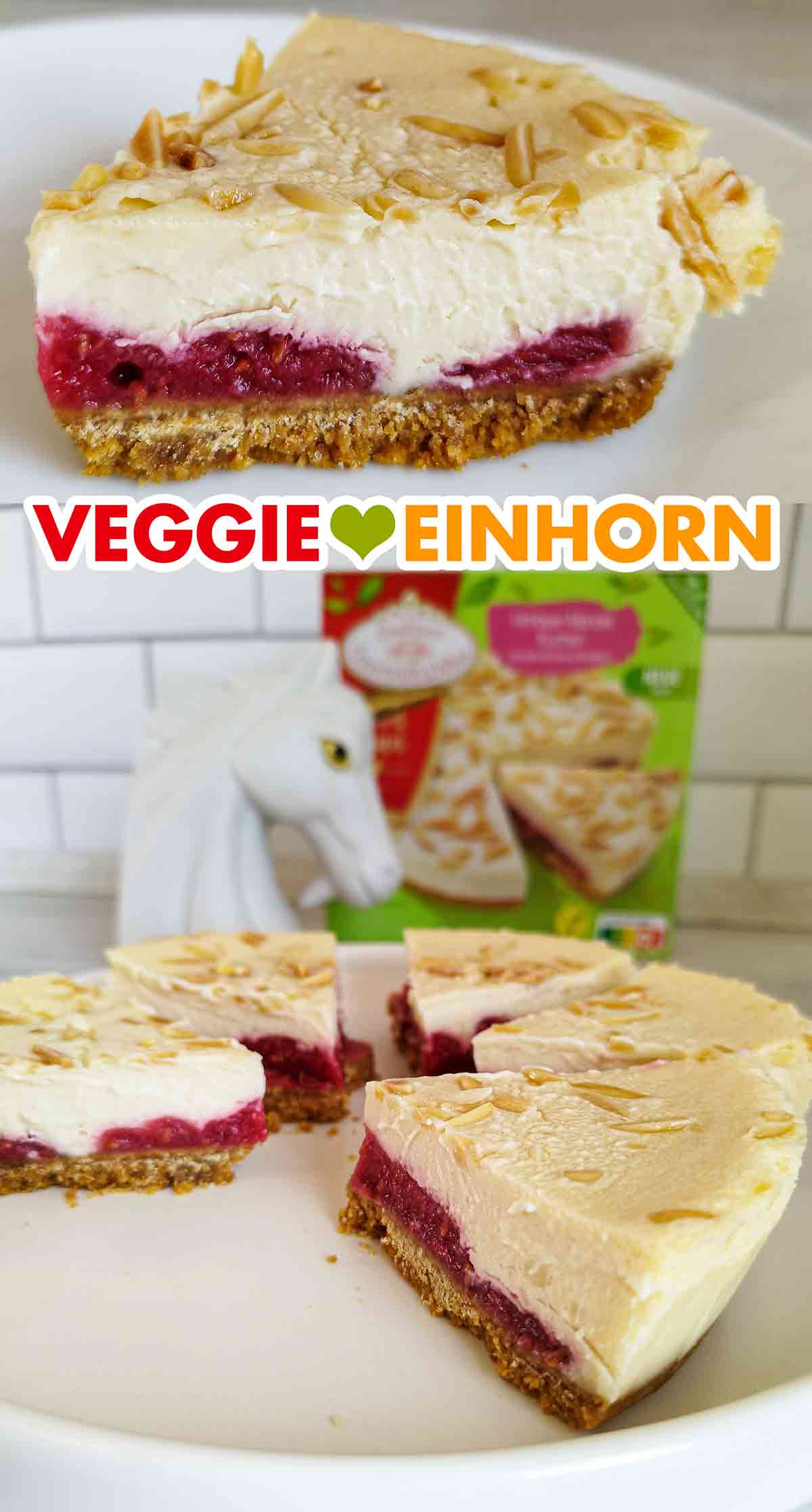 Der Kuchen ist mit Himbeeren, Mandeln und veganem Frischkäse. Veganer Himbeer Mandel Cheesecake von Coppenrath und Wiese