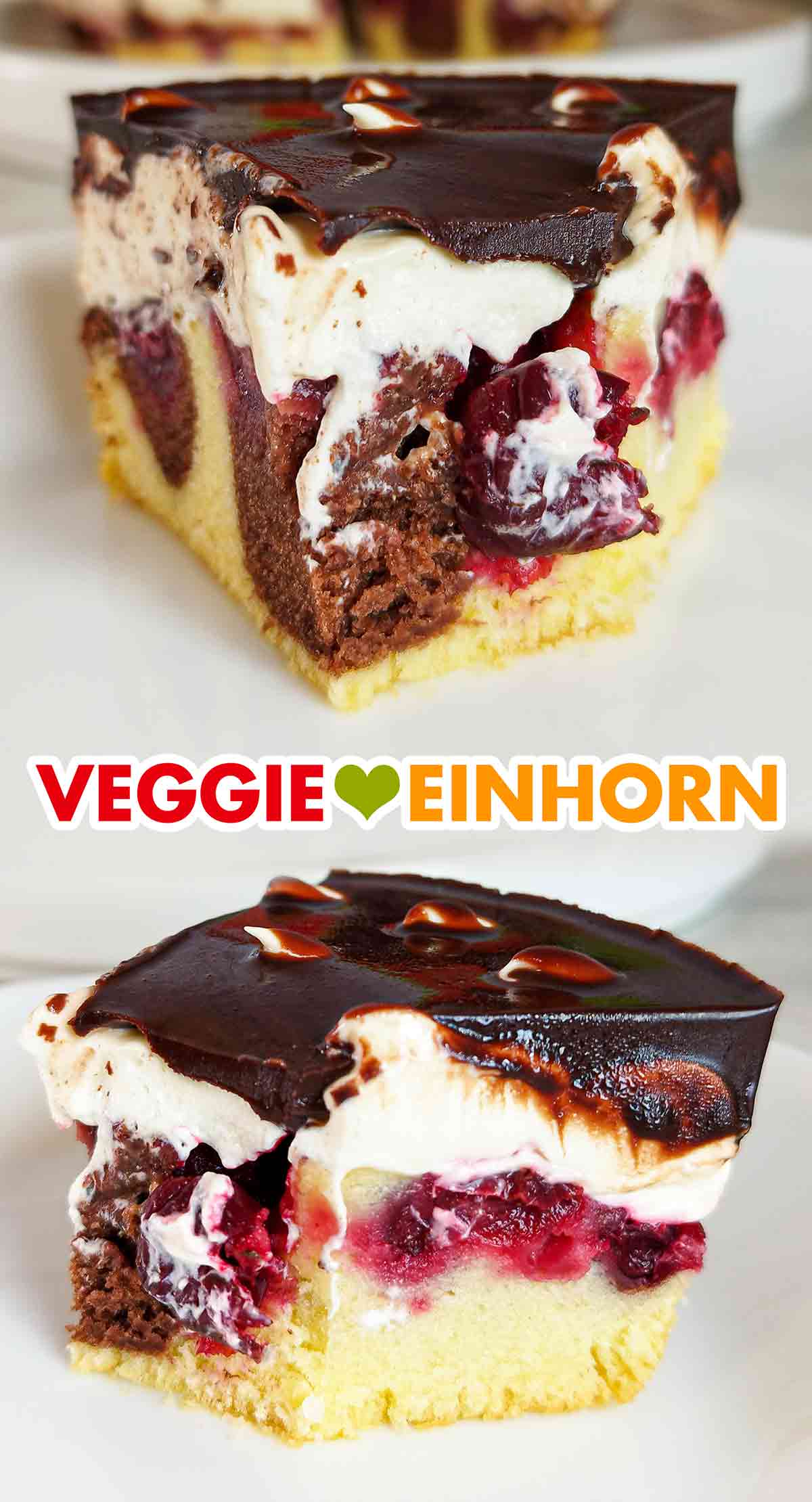 Coppenrath und Wiese Vegane Donauwellen Torte mit veganer Sahne, Kirschen und veganem Rührteig Nahaufnahme eines Stückes veganer Donauwelle von Coppenrath und Wiese
