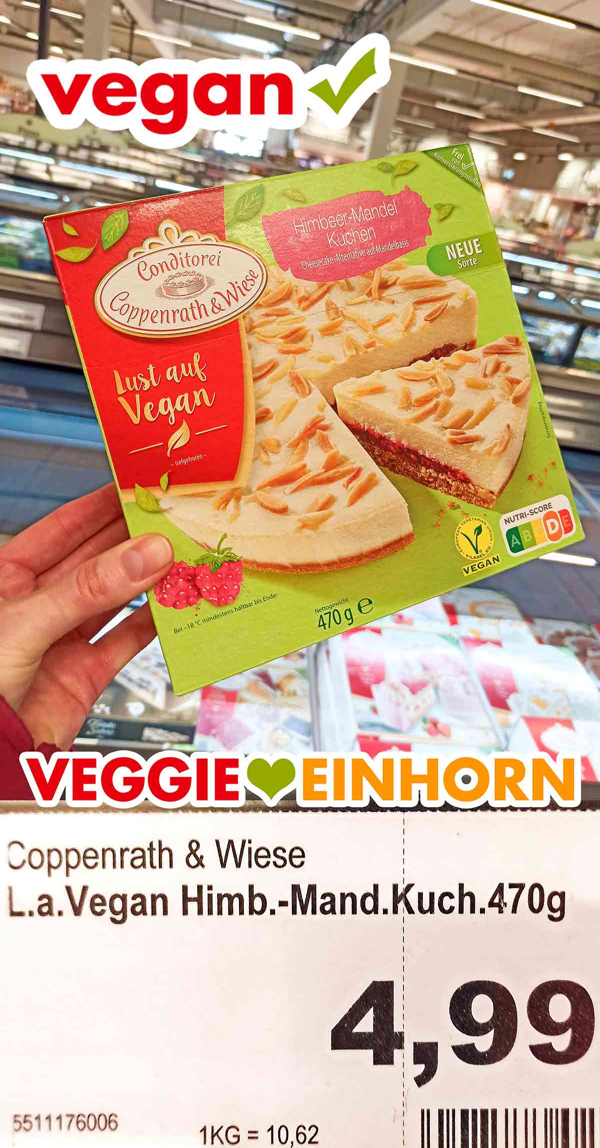 Der vegane Himbeer Mandel Cheesecake von Coppenrath und Wiese hat bei Marktkauf 4,99 Euro gekostet. Eine Packung veganer Himbeer-Mandel-Kuchen von Coppenrath und Wiese im Supermarkt