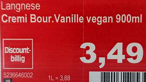 Der Preis ist 3,49 Euro (bei Edeka). Preisschild von Langnese Cremissimo Bourbon Vanille vegan