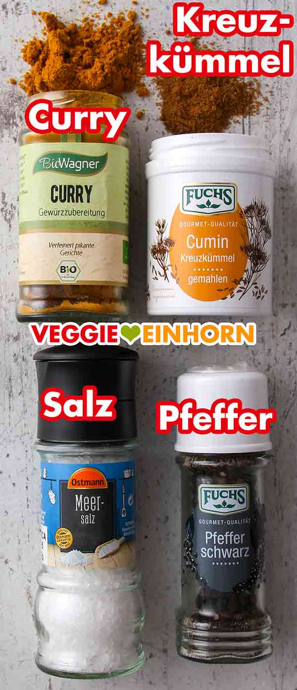 Currypulver von Bio Wagner, gemahlener Kumin von Fuchs, Meersalz Mühle von Ostmann, Pfeffermühle von Fuchs Curry, Kreuzkümmel, Salz und Pfeffer