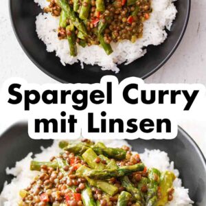 Ein schwarzer Teller mit Spargel Linsen Curry