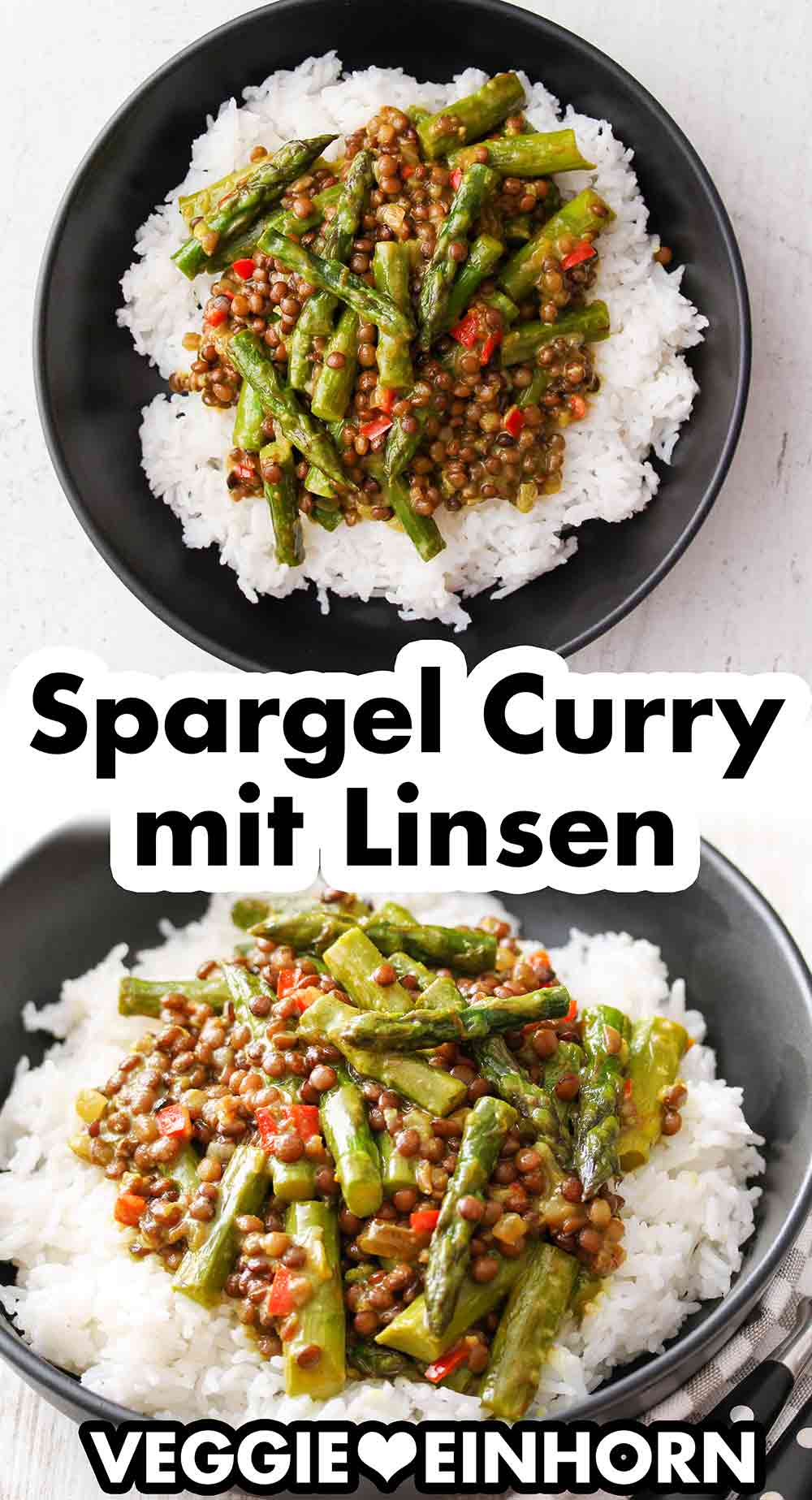 Das Spargel Curry mit Linsen ist vegetarisch und vegan. Ein schwarzer Teller mit Spargel Linsen Curry