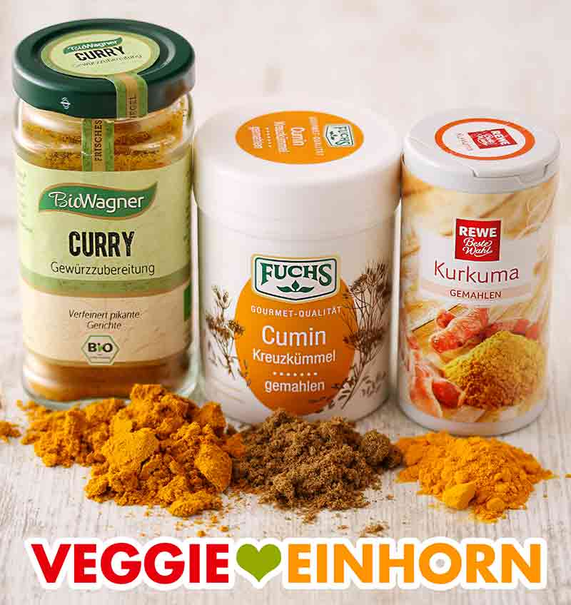 Bio Wagner Curry, Fuchs gemahlener Kumin, Rewe Beste Wahl Kurkuma Currypulver, gemahlener Kreuzkümmel, Kurkuma