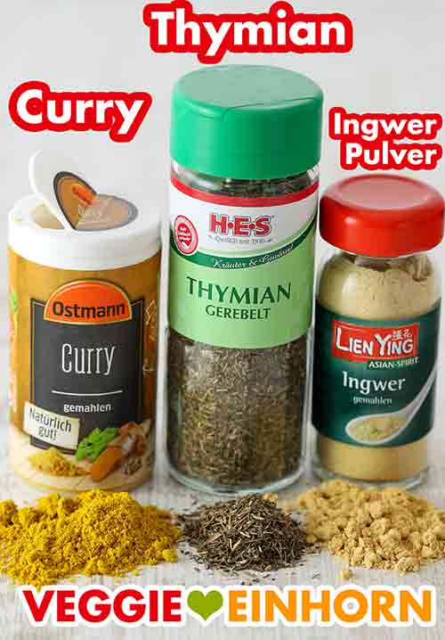 Ostmann Curry, HES Thymian, Lien Ying Ingwerpulver Currypulver, gerebelter Thymian, Ingwerpulver