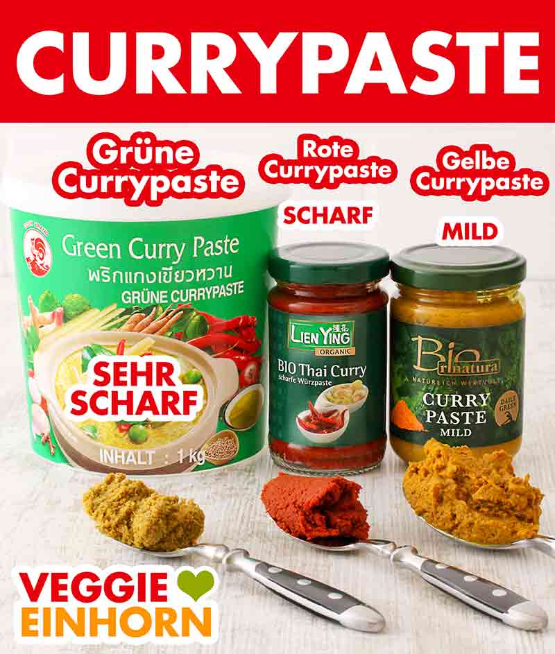 Du kannst grüne, rote oder gelbe Currypaste nehmen. Grüne, rote und gelbe Currypaste