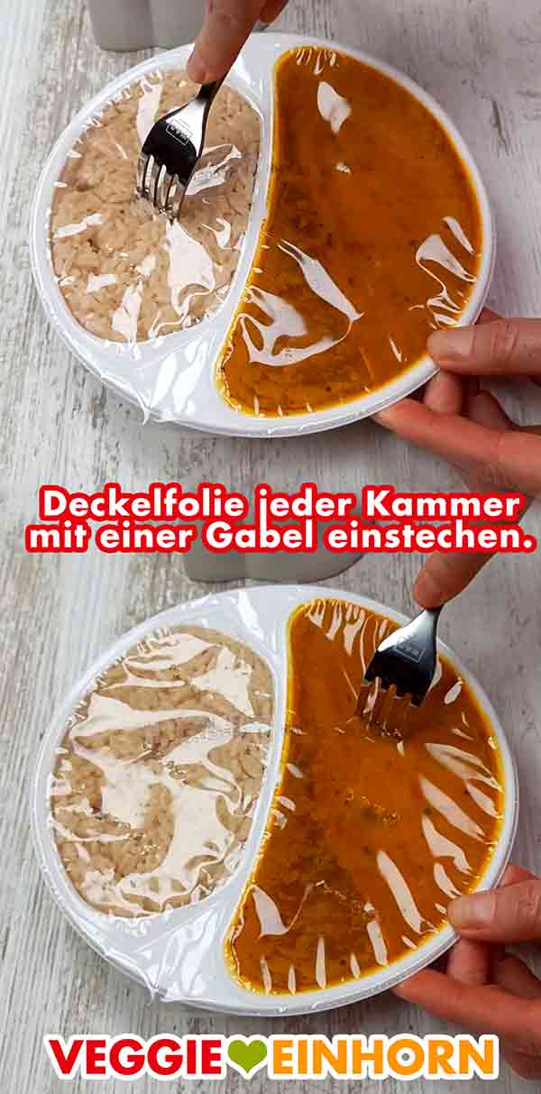 Die Folie auf den beiden Kammern des Fertiggerichtes wird mit einer Gabel eingestochen. Einstechen der Deckelfolie der Menüschale mit einer Gabel