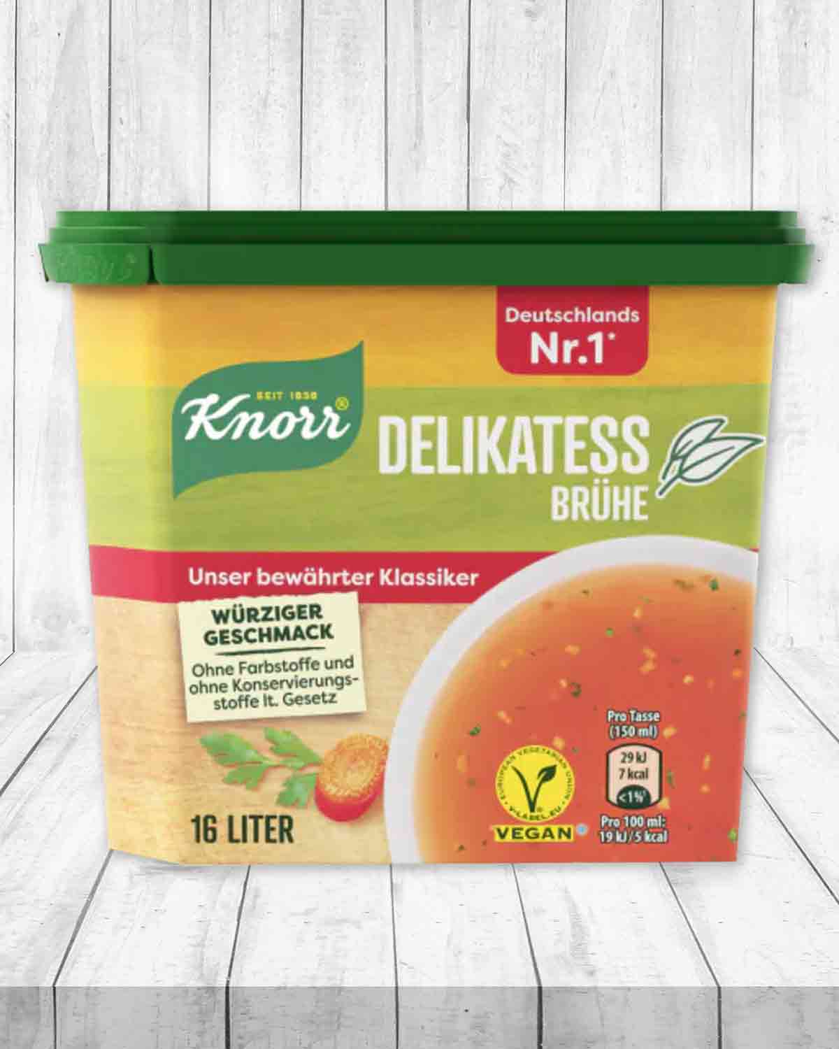 Die Knorr Delikatess Brühe ist vegan. Knorr Delikatess Brühe