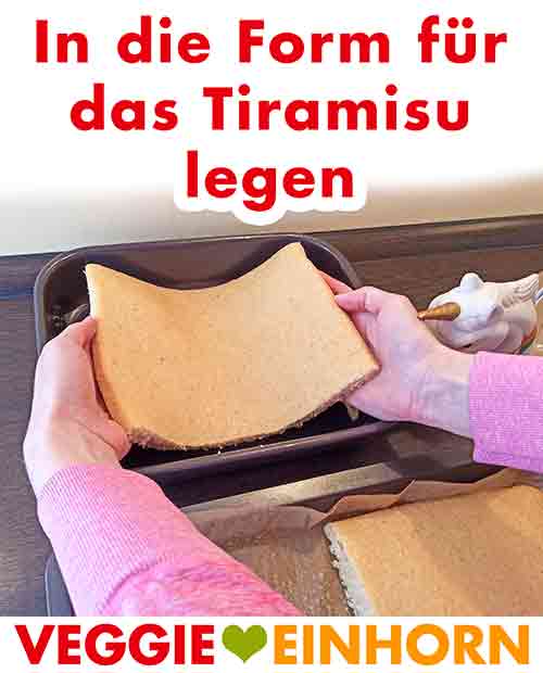 Der vegane Biskuit kommt als unterste Schicht in die Form. Der Biskuit wird in die Auflaufform gelegt