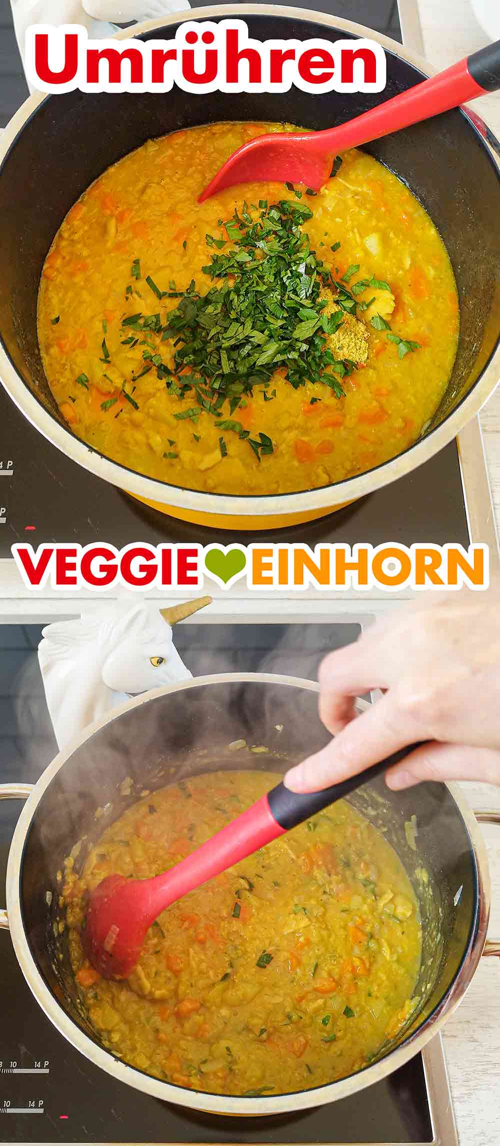 Umrühren des fertigen Eintopfs. Die Petersilie wird untergerührt.