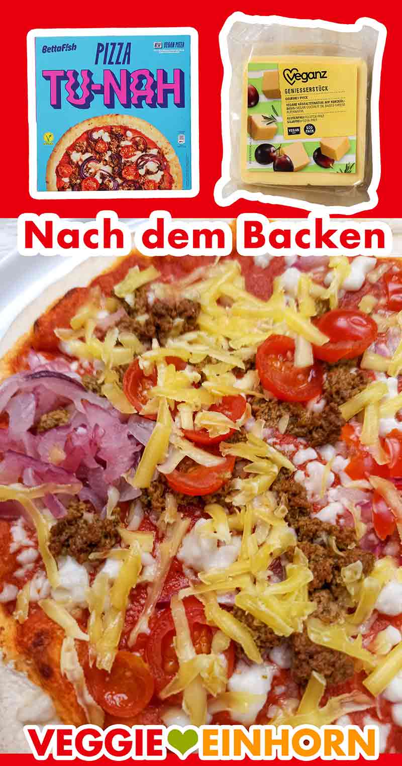 Das geriebene Veganz Genießerstück ist beim Backen nicht geschmolzen. Der vegane Käse von Veganz auf der veganen Thunfisch Pizza ist nicht geschmolzen.
