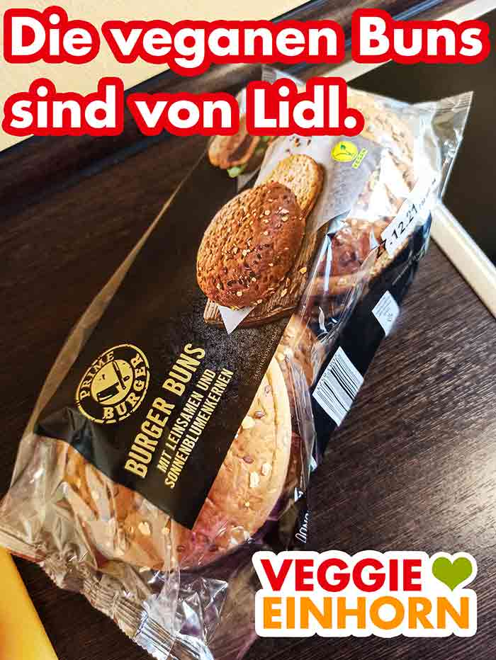 Vegane Burger Buns mit Leinsamen und Sonnenblumenkernen Eine Packung vegane Burger Buns von Lidl.