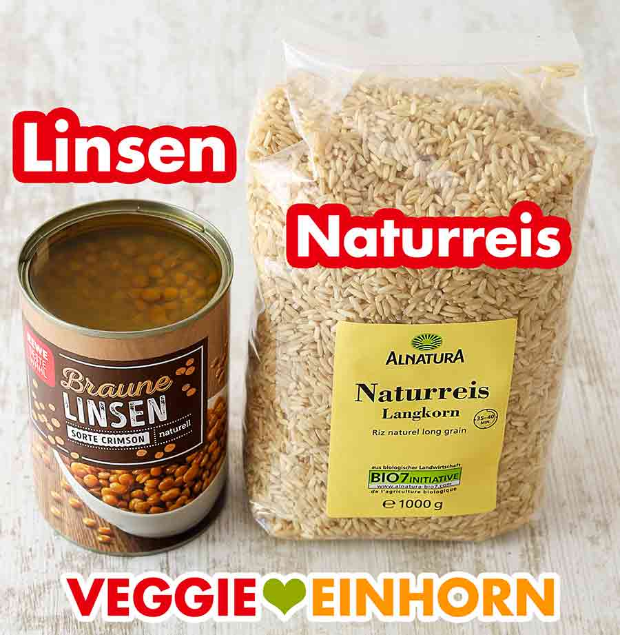 Linsen aus der Dose und Alnatura Reis Eine Dose Linsen und eine Packung Naturreis