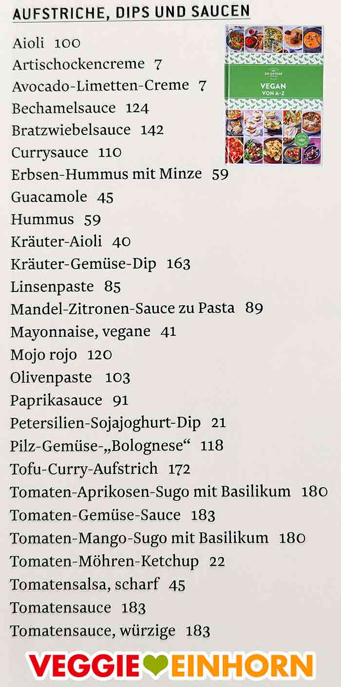 Vegane Rezepte für Aufstriche, Dips und Saucen im Kochbuch Vegan von A bis Z von Dr. Oetker Register Aufstriche, Dips und Saucen im Dr. Oetker Kochbuch Vegan von A - Z