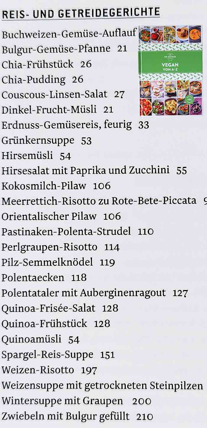 Vegane Rezepte für Reis- und Getreidegerichte im Kochbuch Vegan von A bis Z von Dr. Oetker Register Reis- und Getreidegerichte im Dr. Oetker Kochbuch Vegan von A - Z