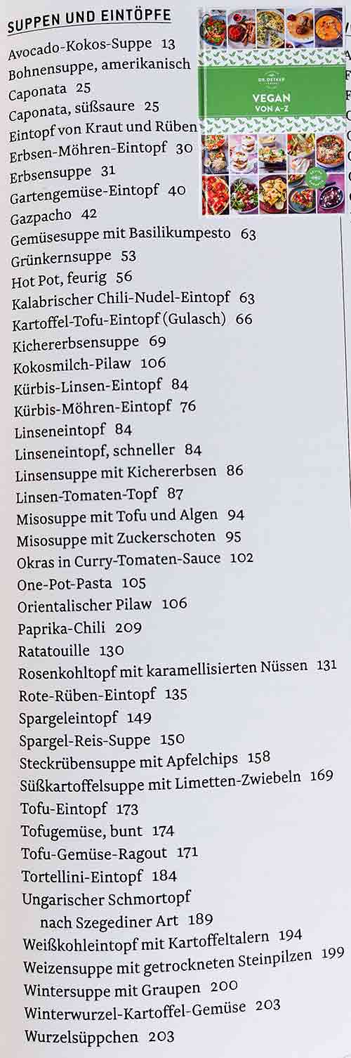 Vegane Rezepte für Suppen und Eintöpfe im Kochbuch Vegan von A bis Z von Dr. Oetker Register Suppen und Eintöpfe im Dr. Oetker Kochbuch Vegan von A - Z
