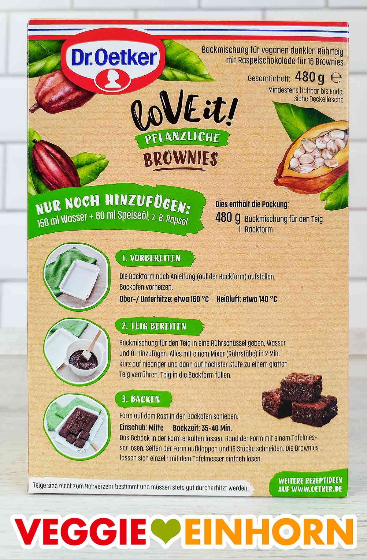 LoVE it! Pflanzliche Brownies von Dr. Oetker Packungsrückseite Rückseite der Packung der veganen Brownie Backmischung von Dr. Oetker LoVE it!
